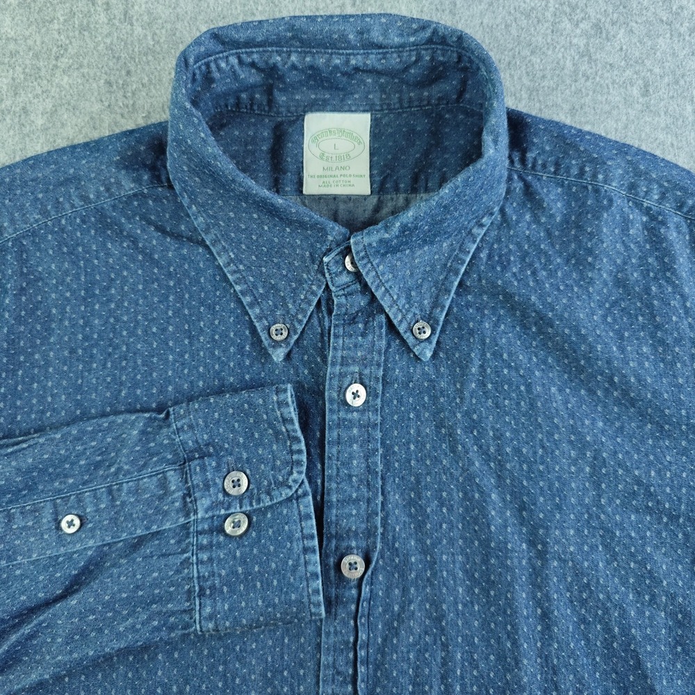 Brooks Brothers Milano The Original Polo Shirt Mens L Blue Polka Dot Button Down
